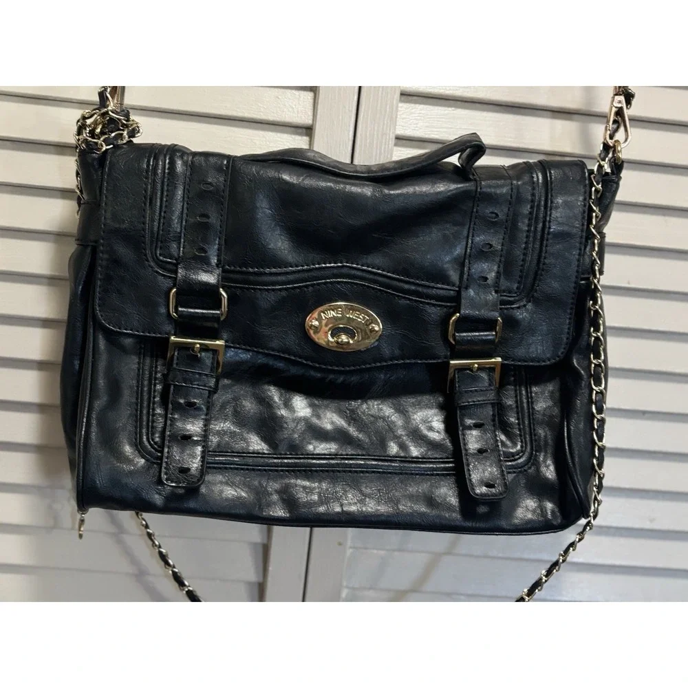Nine West Black Shatchel Buckles Top Handle Remov. Straps Pockets Mag Close